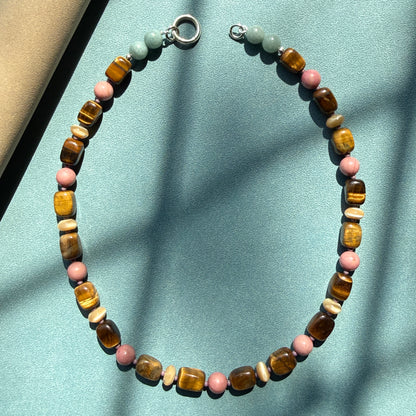 WILLA : tiger's eye, mother of pearl, rhodochrosite and Burmese jade