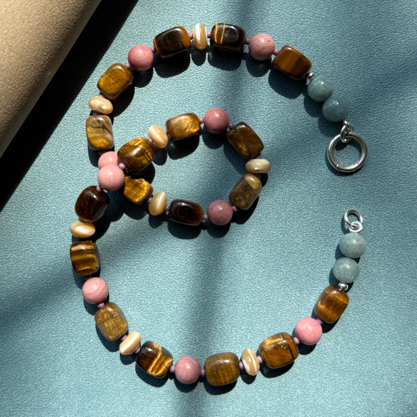 WILLA : tiger's eye, mother of pearl, rhodochrosite and Burmese jade