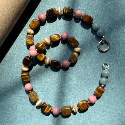 WILLA : tiger's eye, mother of pearl, rhodochrosite and Burmese jade