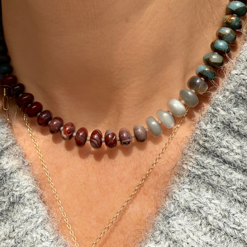 Add natural beauty to your style with this Jasper and Moonstone gemstone necklace, featuring a customizable 14K gold or sterling silver clasp, perfect for layering or standalone wear.