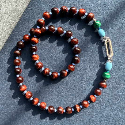 DELLA : tiger's eye and malachite gemstone necklace