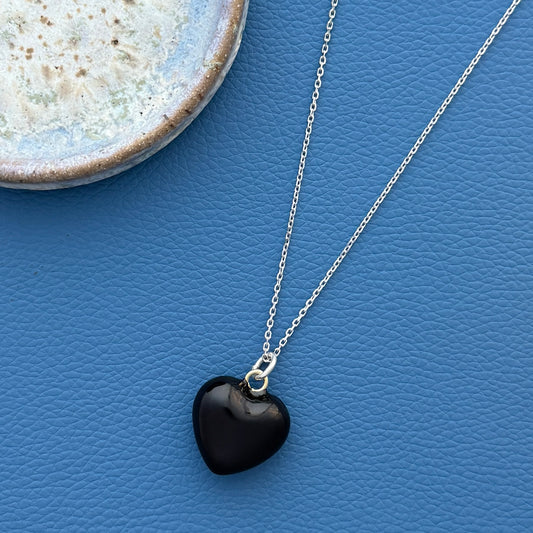 Black Puffy Enamel Heart on Sterling Silver Chain