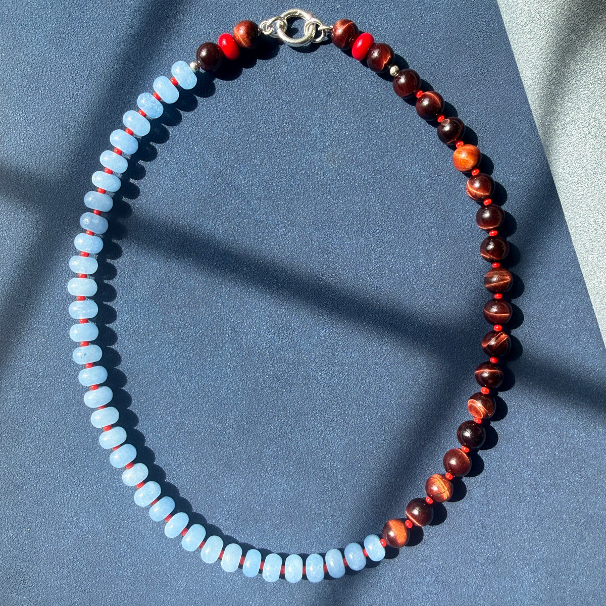 COLLAB! Happy Kicks : tiger's eye, jade and red coral beaded gemstone necklace