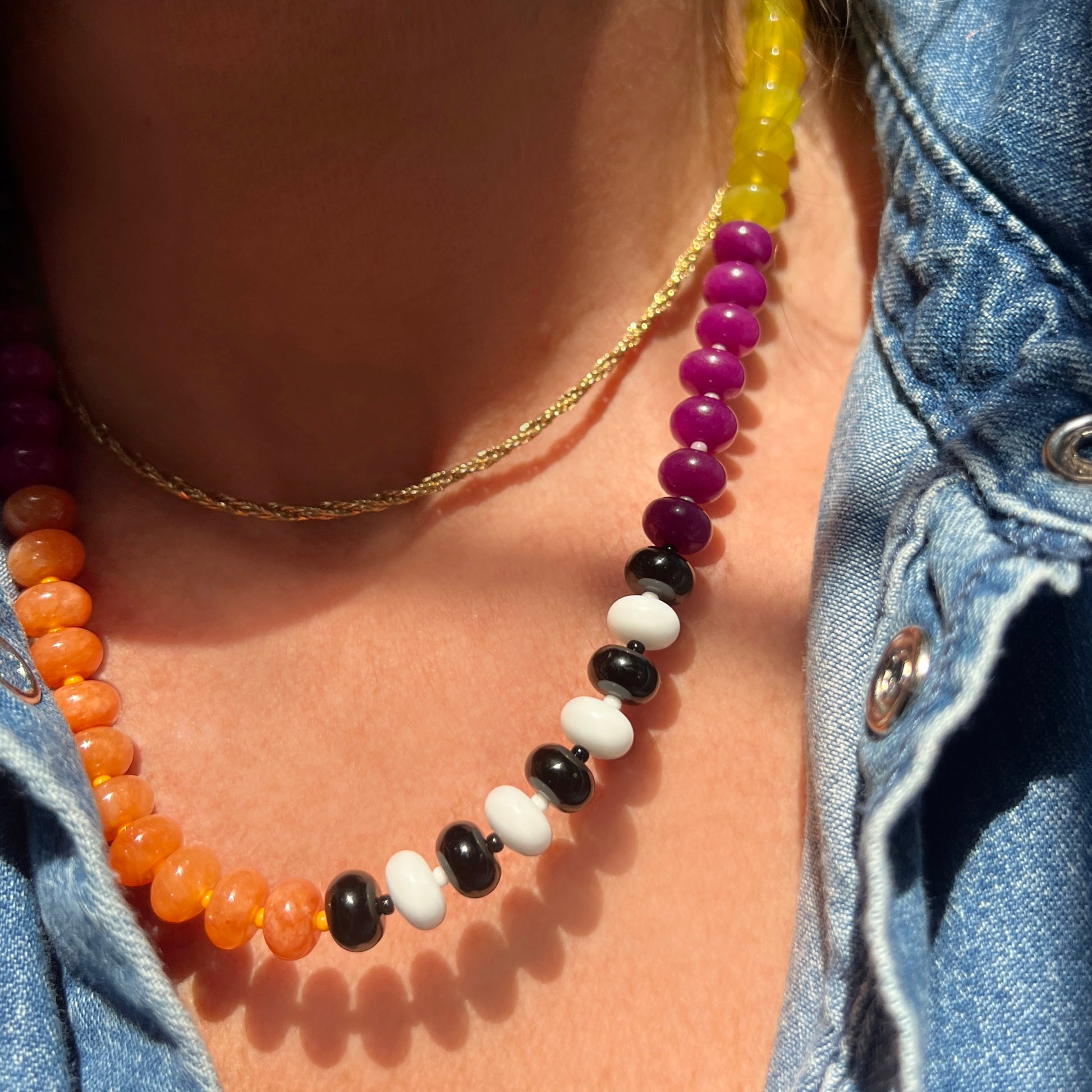 A vibrant, colorful necklace designed with a mix of jade, onyx, chalcedony, and Czech glass beads, adding a lively touch to your look.