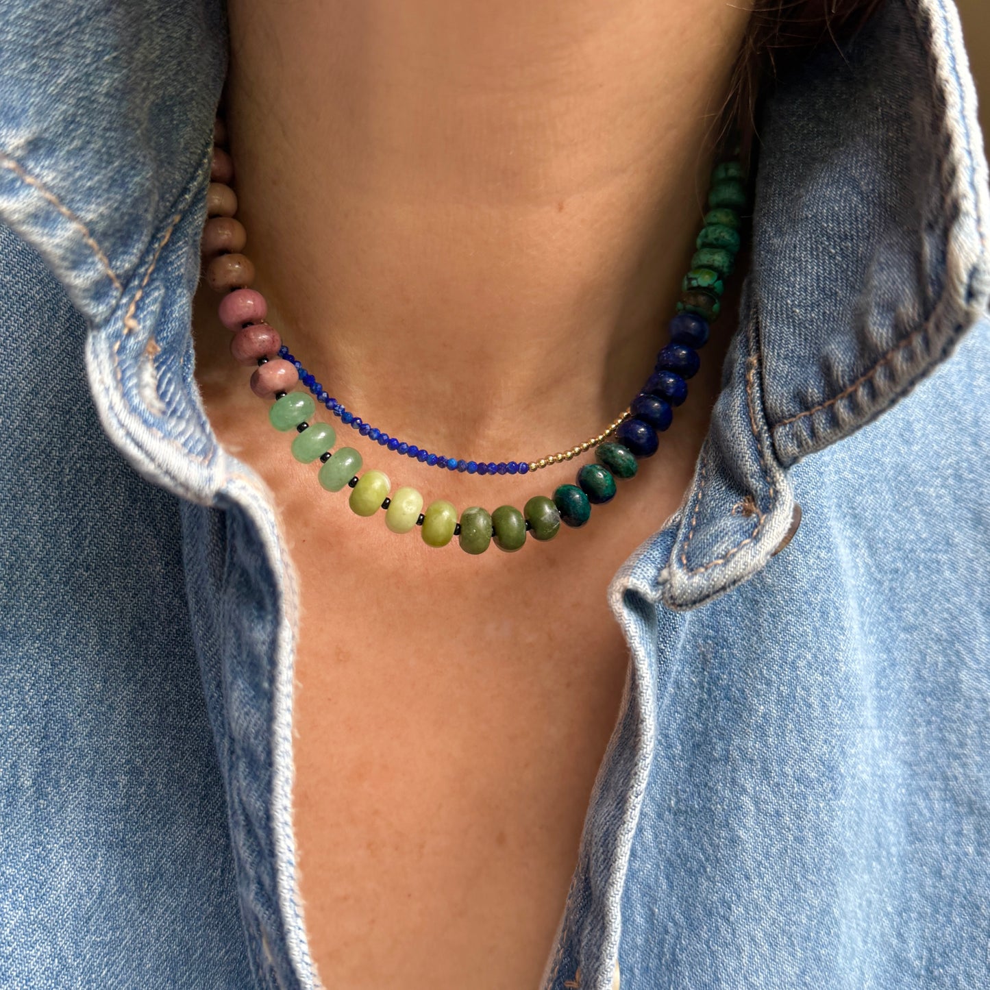 Night Mood: Turquoise, Lapis, Rhodonite, Jade, and Aventurine - Natural Gemstone Beaded Necklace