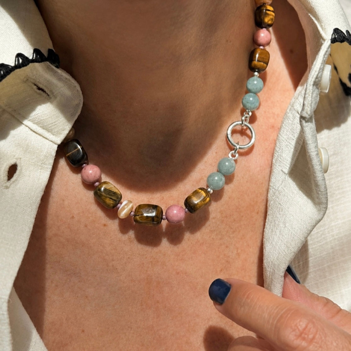 WILLA : tiger's eye, mother of pearl, rhodochrosite and Burmese jade