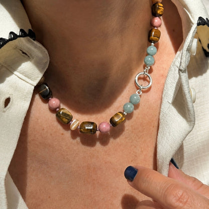 WILLA : tiger's eye, mother of pearl, rhodochrosite and Burmese jade