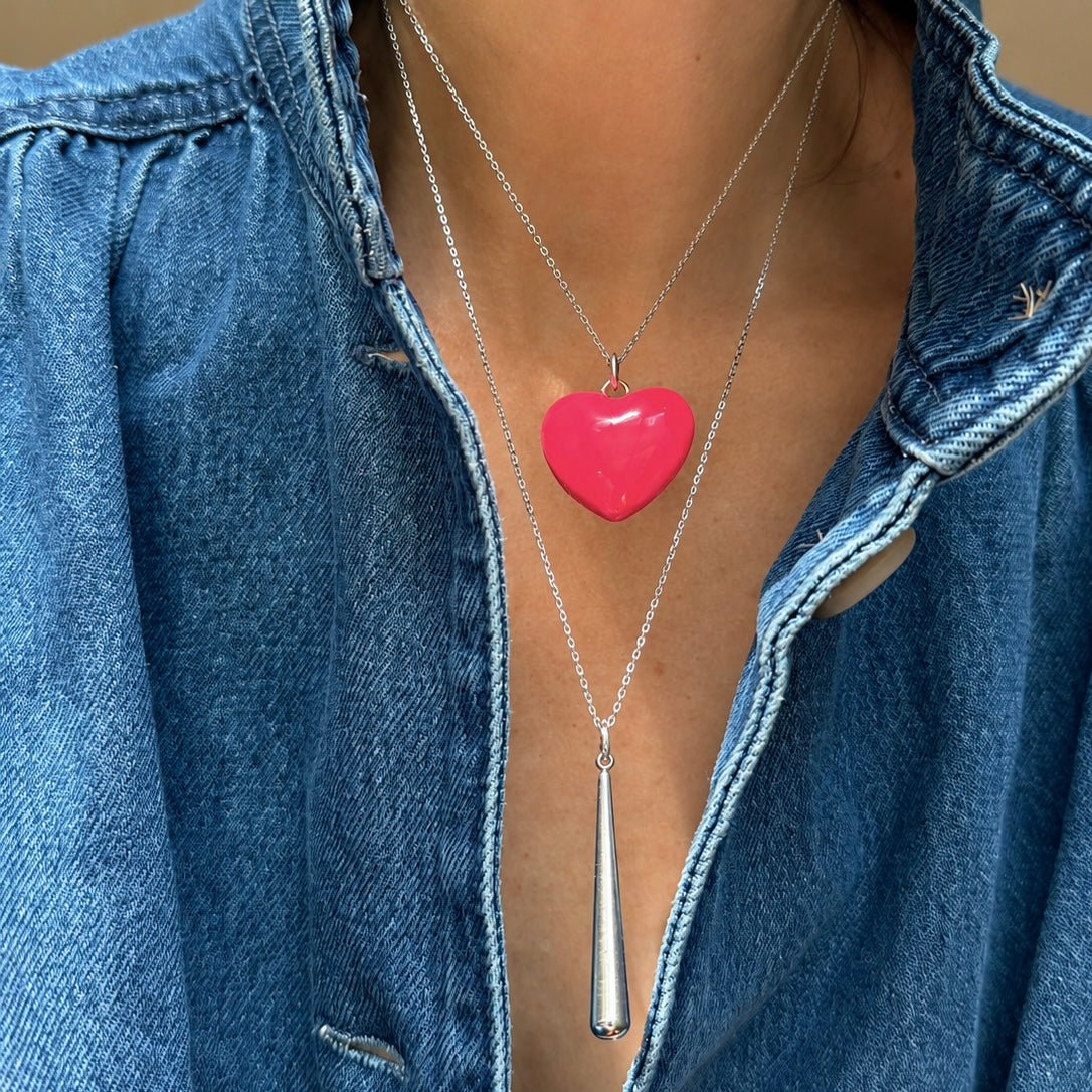 Hot Pink Puffy Enamel Heart on Sterling Silver Chain
