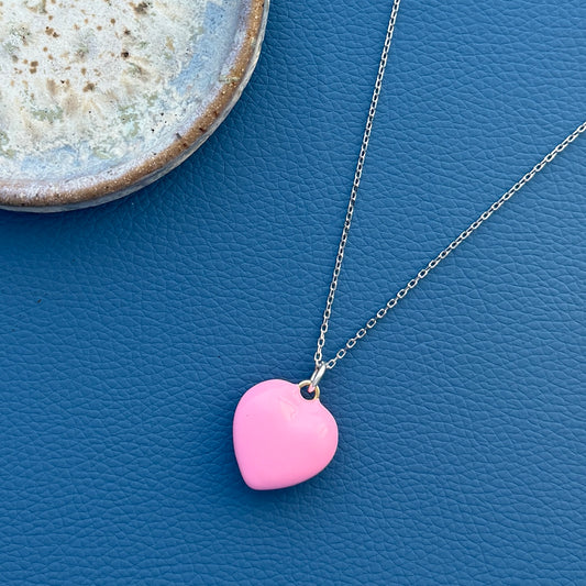 Light Pink Puffy Enamel Heart on Sterling Silver Chain