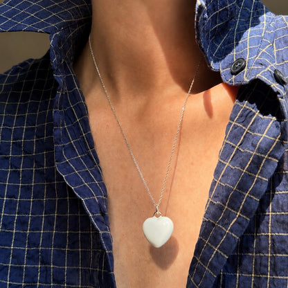 White Puffy Enamel Heart on Sterling Silver Chain