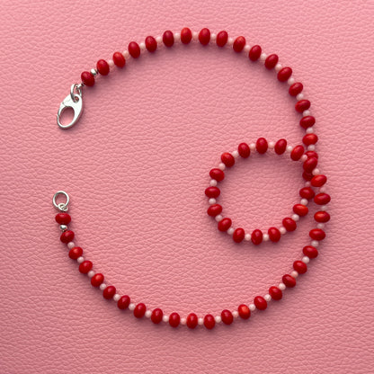 The essential necklace : red coral + pink coral - Natural Beaded Gemstone necklace