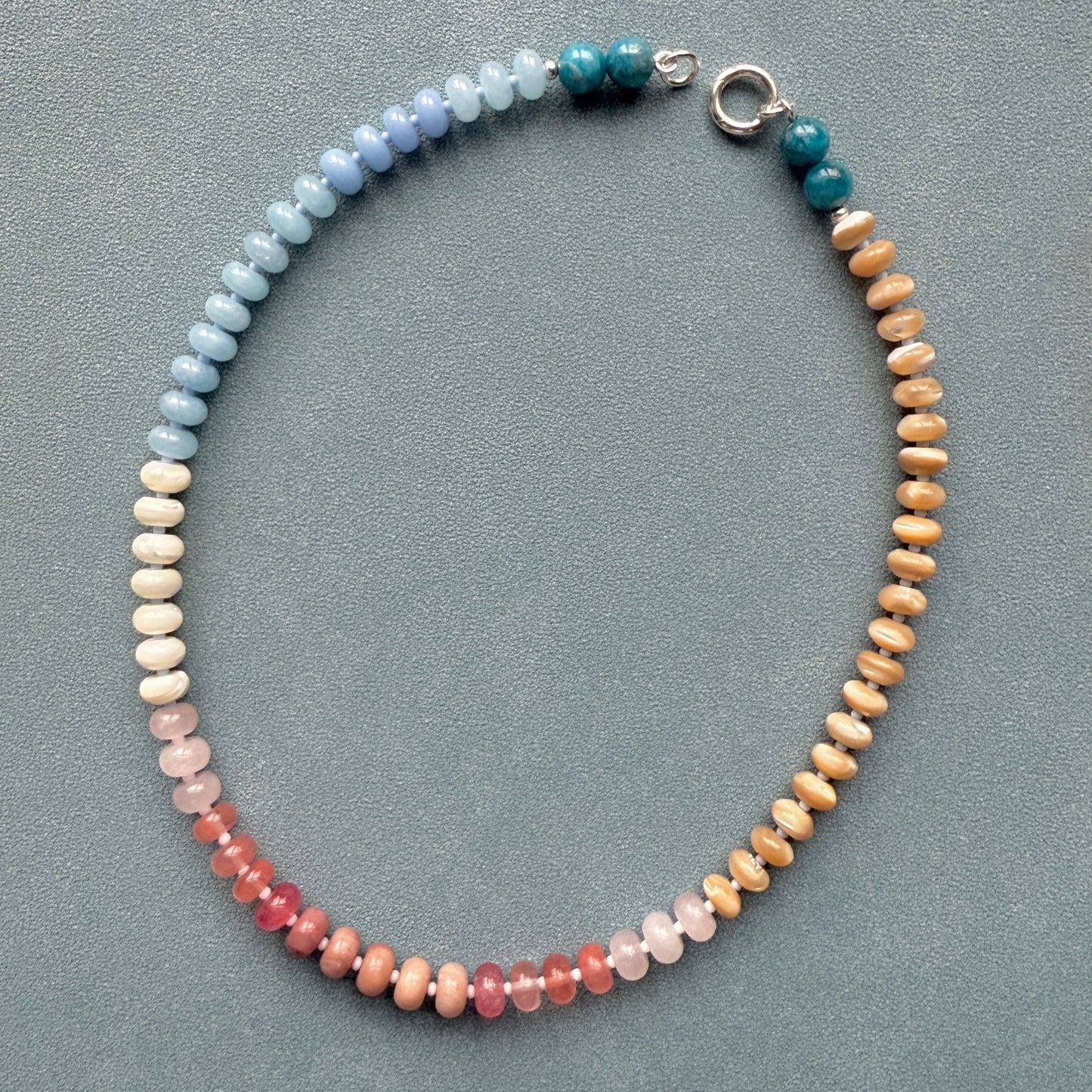 Dune Blossom : mother of pearl, rhodonite, chalcedony, pink quartz, chalcedony and aquamarine - Natural Gemstone Beaded Necklace