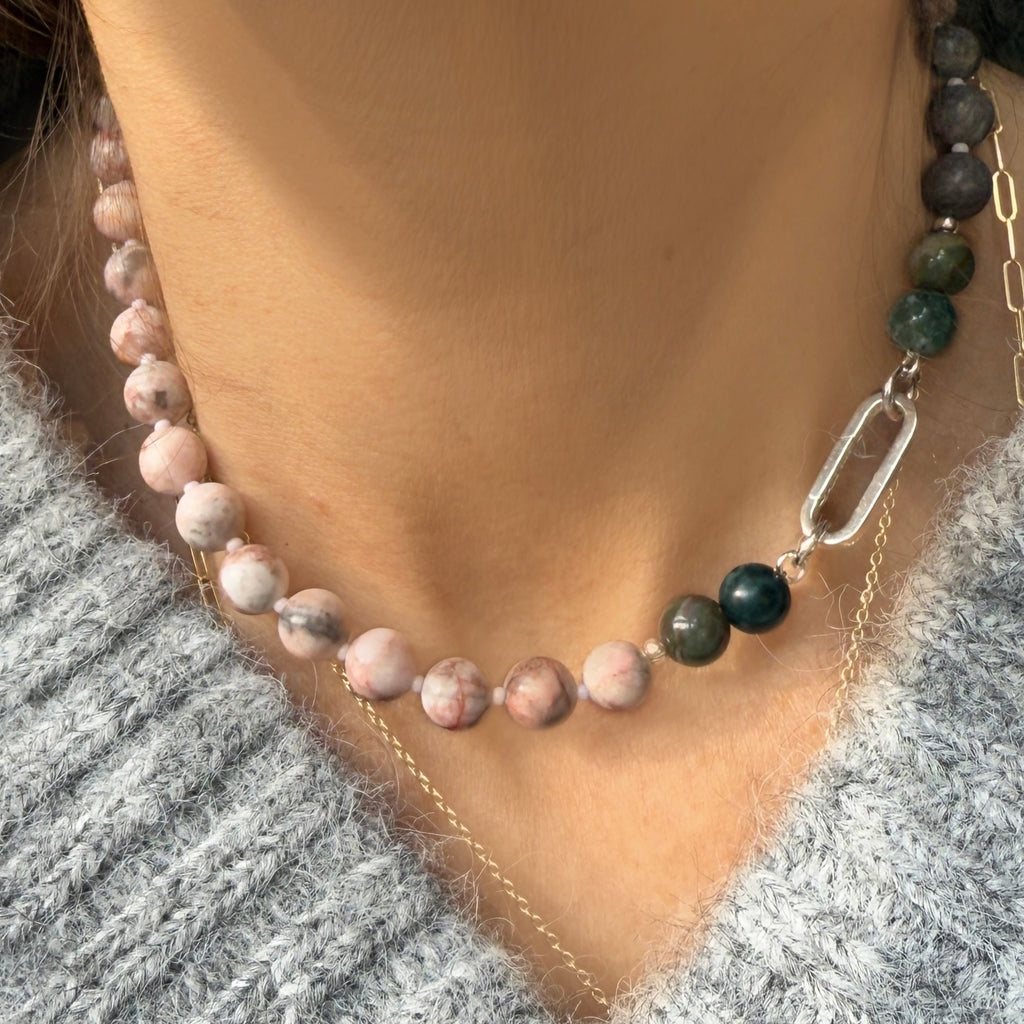 Personalize your look with this Eclipse Gemstone Beaded Necklace, featuring Agate and Jasper beads, and a premium 14K gold or sterling silver clasp for a unique finish.