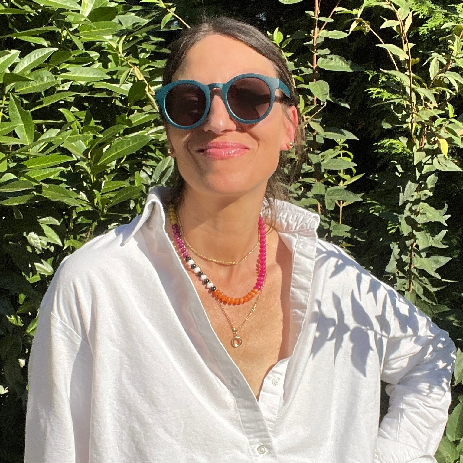 A fun and eye-catching necklace made from jade, onyx, chalcedony, and Czech glass beads, designed to brighten your everyday style.