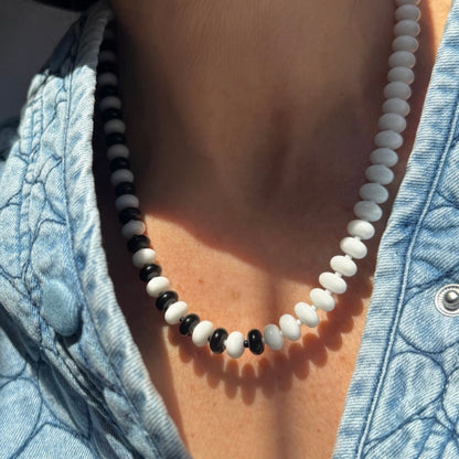 DOMINO : white + black onyx beaded gemstone necklace