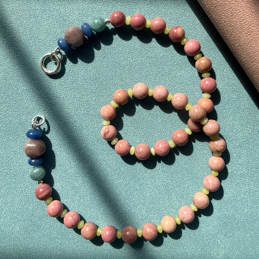 WREN : pastel beaded gemstone necklace, rhodochrosite, yellow jade, moonstone, aventuine, and dumortierite