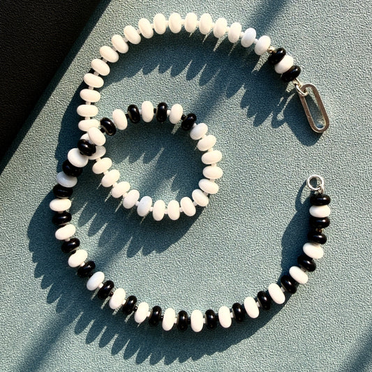 DOMINO : white + black onyx beaded gemstone necklace