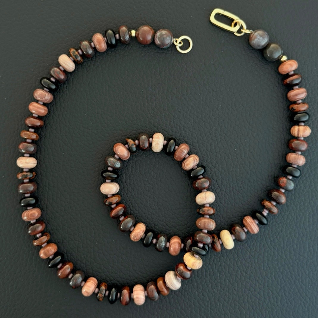 Fired Earth : black onyx, tiger's eye, bloodstone and jasper - Natural Gemstone Beaded Necklace