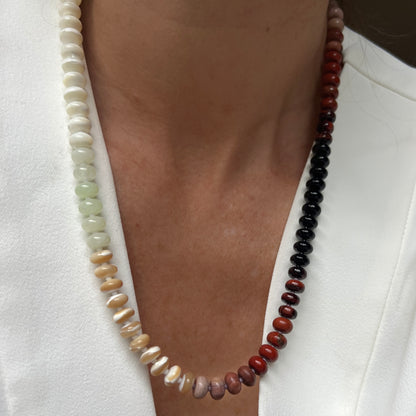 A stylish necklace featuring natural mother of pearl, onyx, and chalcedony, accented with Czech glass beads, designed for effortless layering.