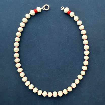 SCARLET PEARL : Baroque Freshwater Pearls + Red Coral Beaded Gemstone Necklace