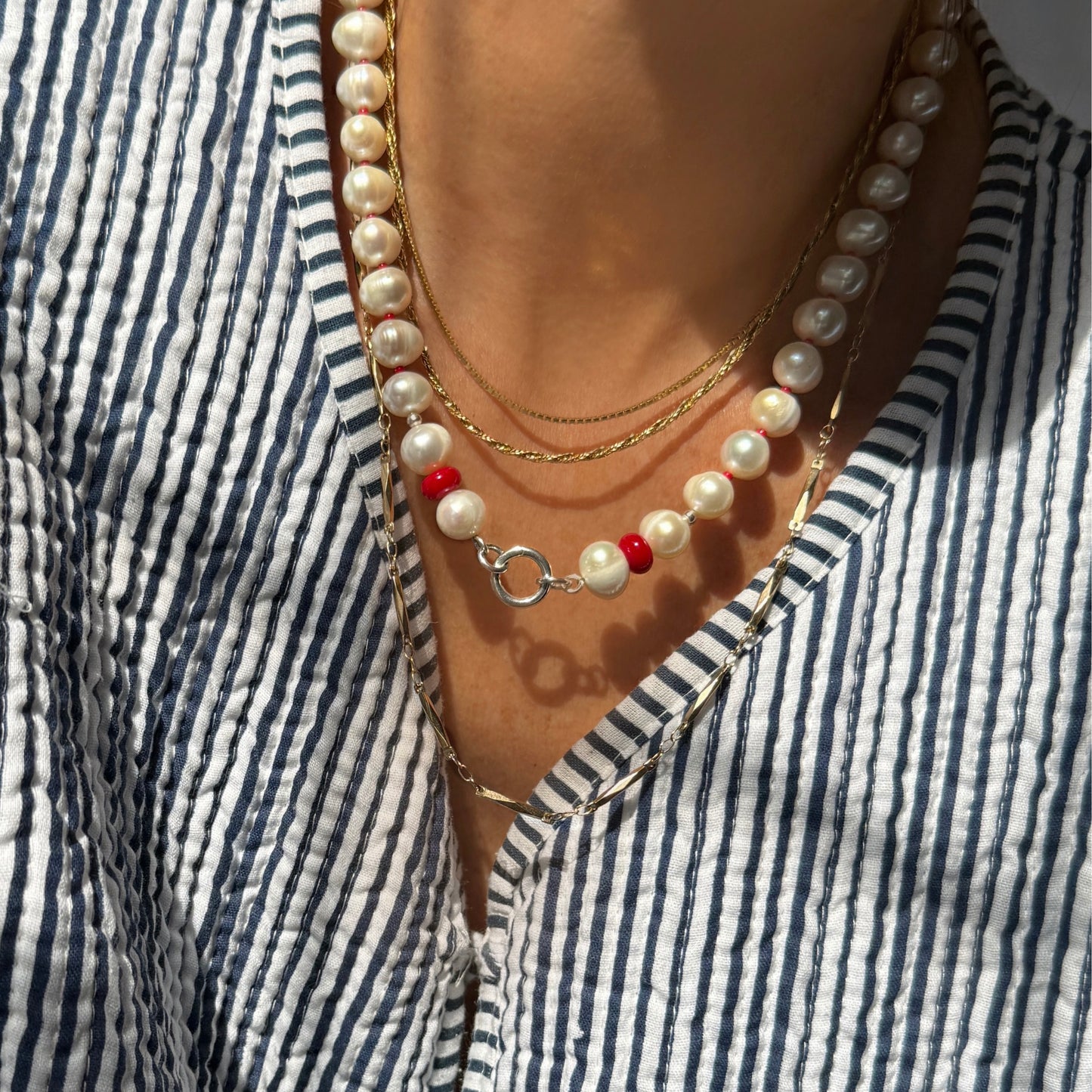 SCARLET PEARL : Baroque Freshwater Pearls + Red Coral Beaded Gemstone Necklace