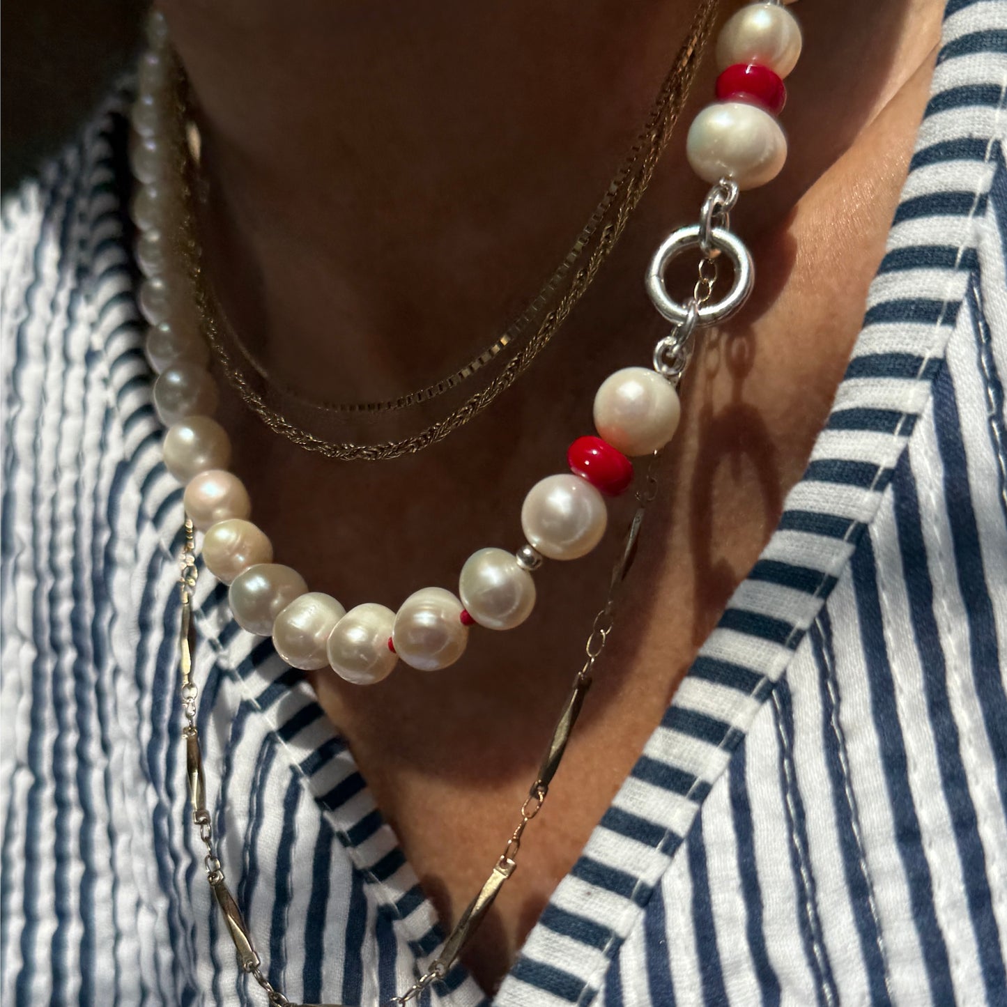SCARLET PEARL : Baroque Freshwater Pearls + Red Coral Beaded Gemstone Necklace