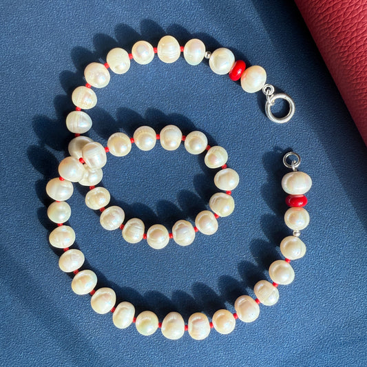 SCARLET PEARL : Baroque Freshwater Pearls + Red Coral Beaded Gemstone Necklace