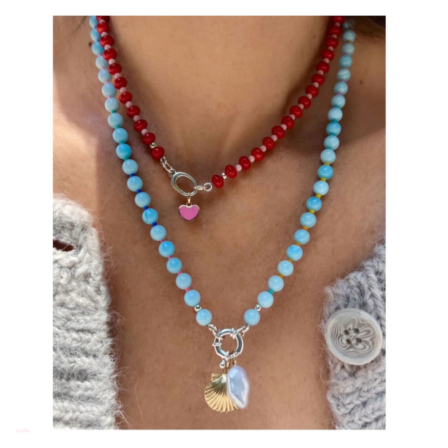 A versatile and elegant necklace featuring 6mm green turquoise and lapis lazuli gemstones with a sterling silver clasp.