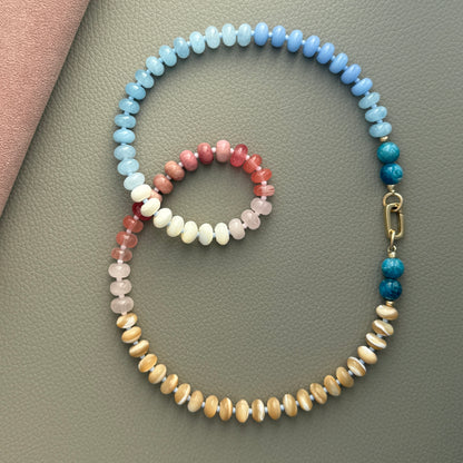 Dune Blossom : mother of pearl, rhodonite, chalcedony, pink quartz, chalcedony and aquamarine - Natural Gemstone Beaded Necklace