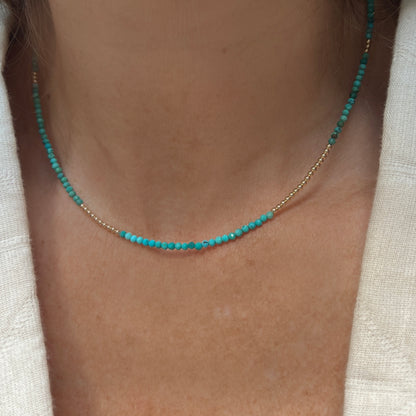 Handcrafted faceted turquoise necklace with 14K gold accents, designed for everyday sophistication or layered for a bold statement.