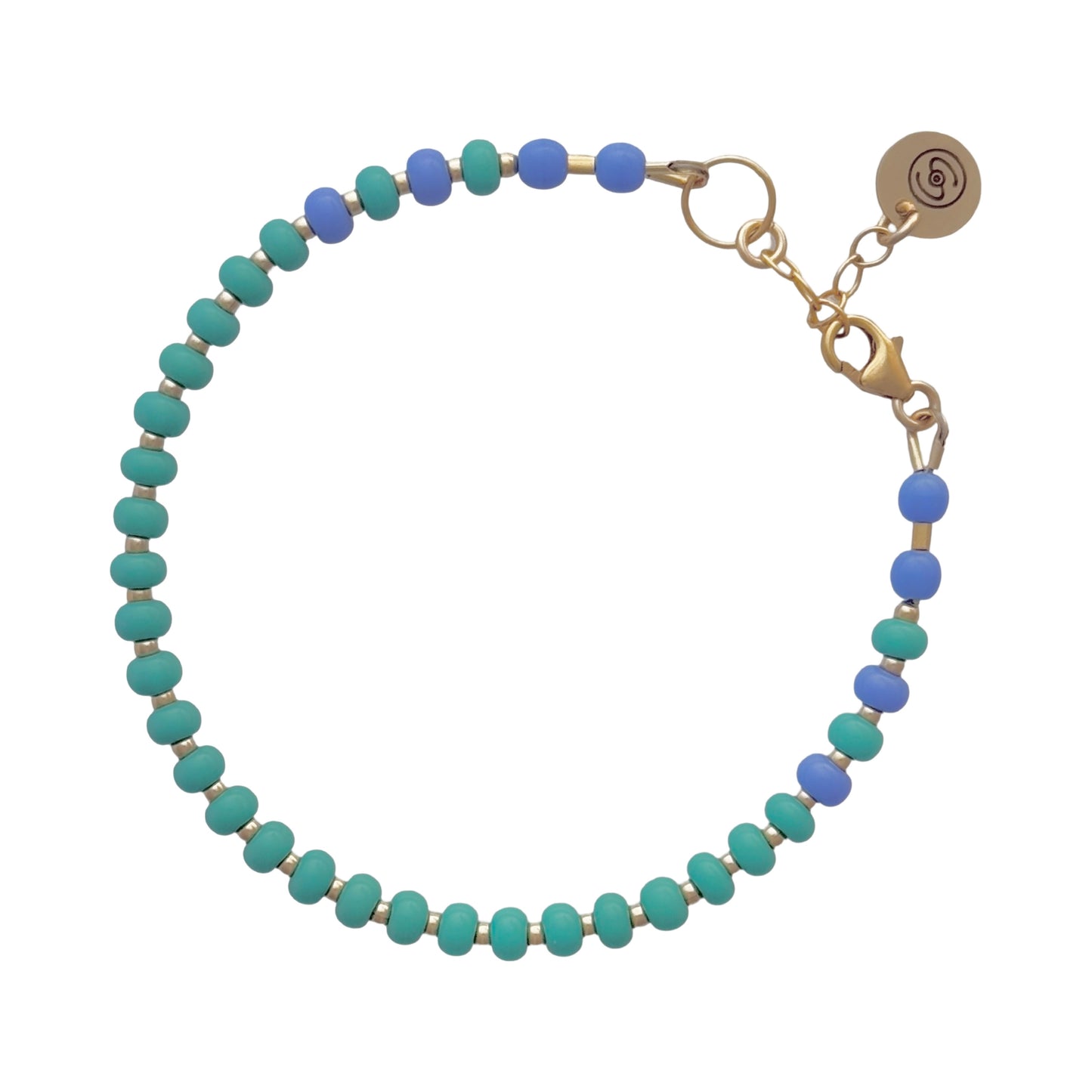 Delicate and durable Light Jade + Periwinkle bracelet, crafted with high-quality Czech glass beads and tarnish-resistant 14K gold-filled findings for lasting elegance.