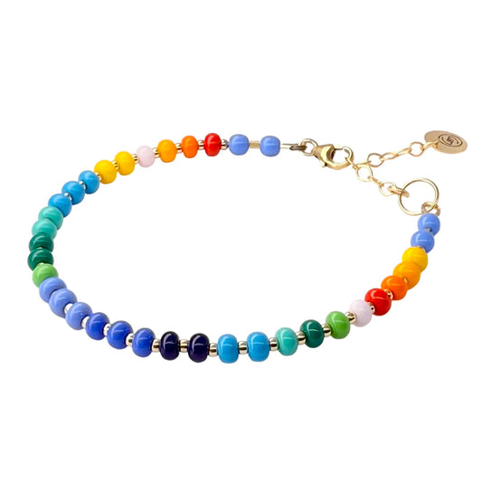Colorful fiesta bracelet from the HAPPY Bracelet Collection, featuring high-quality Czech glass beads and tarnish-resistant 14K gold-filled accents.