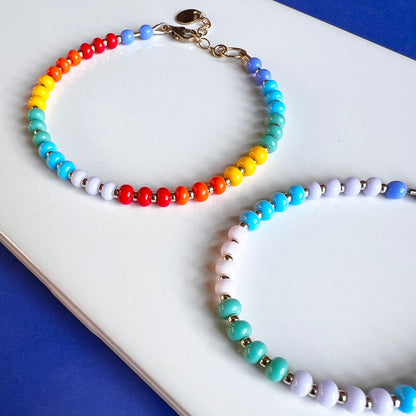 Designed for stacking or wearing solo, the Pastel HAPPY Bracelet blends dreamy pastel tones with durable, tarnish-resistant 14K gold-filled beads