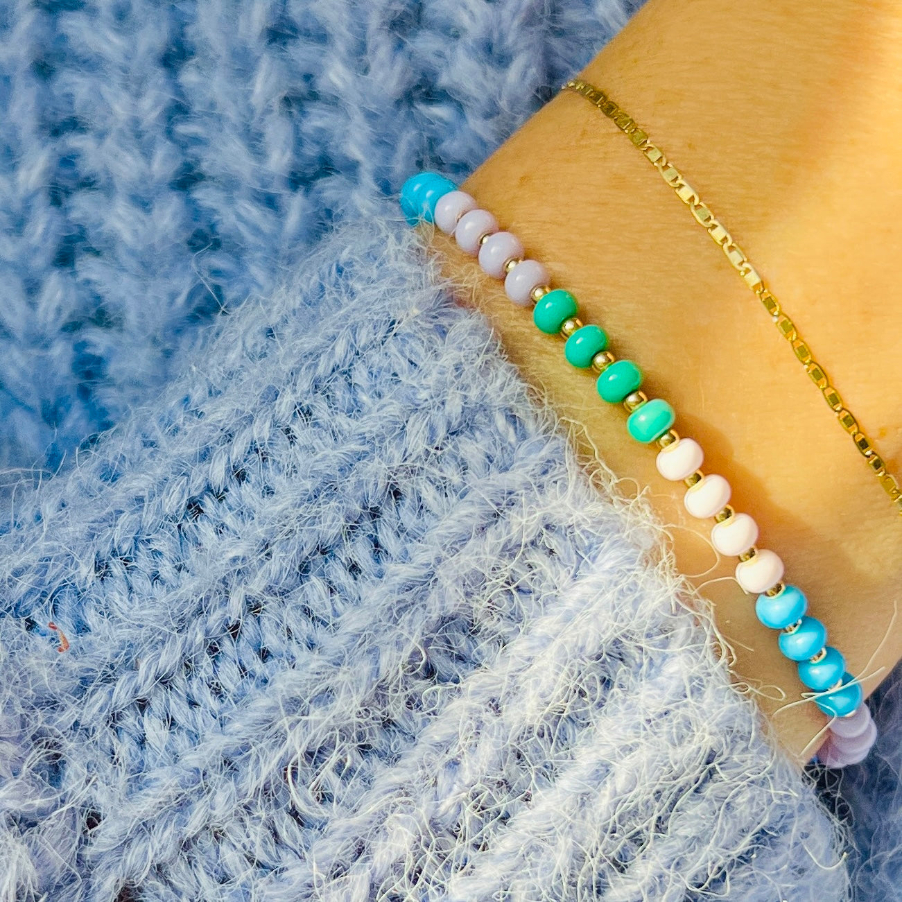 A charming mix of pastel-colored Czech glass beads and luxe gold-filled accents make this bracelet the perfect touch of understated elegance