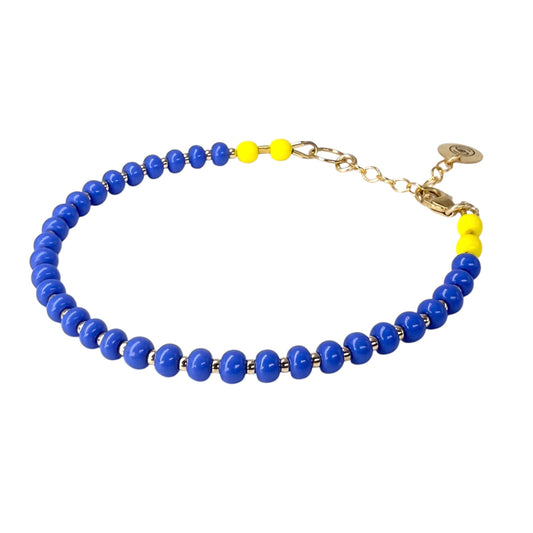 Bright and cheerful Periwinkle + Sunflower bracelet from the HAPPY Collection, featuring vibrant Czech glass beads and tarnish-resistant 14K gold-filled accents.