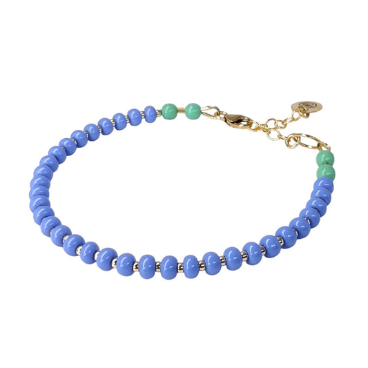 Delicate Lavender + Light Jade bracelet from the HAPPY Collection, featuring vibrant Czech glass beads and durable 14K gold-filled accents for a joyful pop of color.
