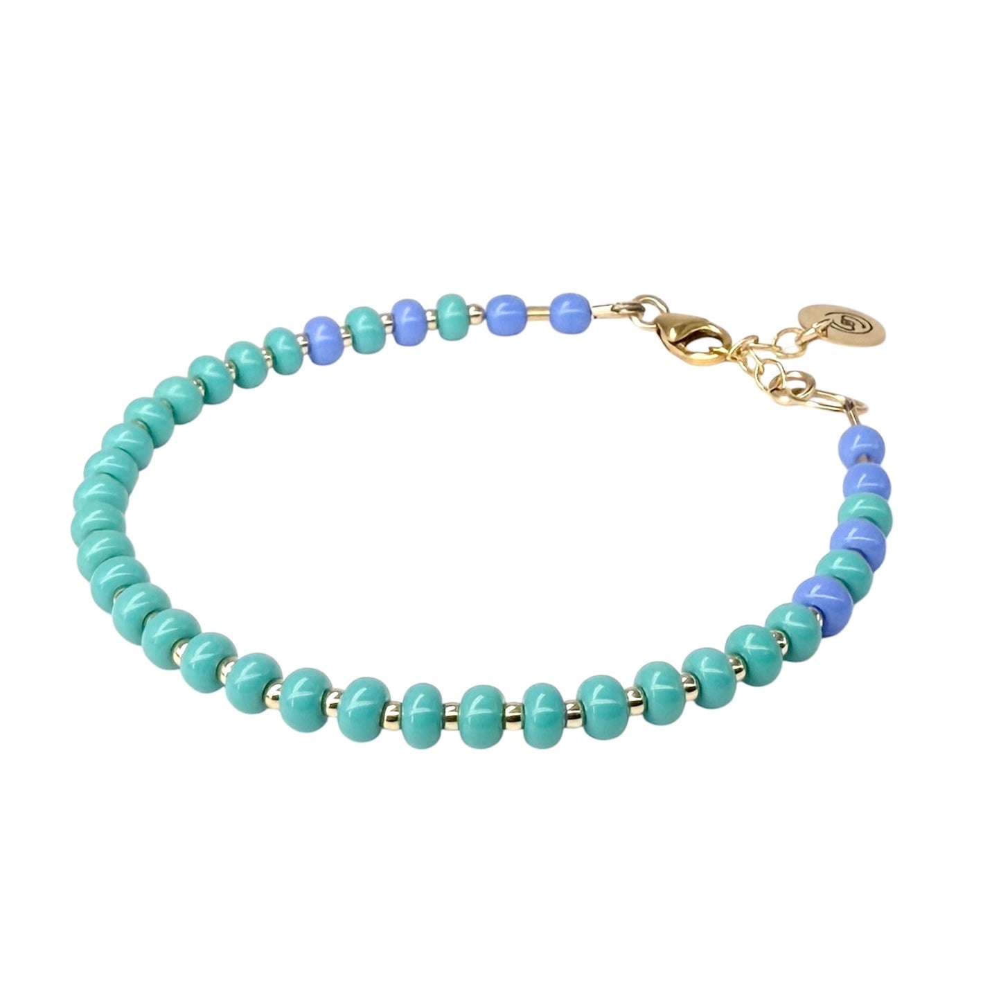 Light Jade + Periwinkle bracelet from the HAPPY Collection, featuring vibrant Czech glass beads and 14K gold-filled accents for a colorful, joyful look.
