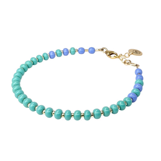 Light Jade + Periwinkle bracelet from the HAPPY Collection, featuring vibrant Czech glass beads and 14K gold-filled accents for a colorful, joyful look.