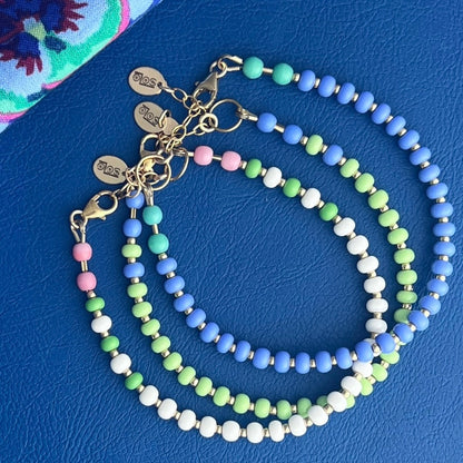 Bright and cheerful Lavender + Light Jade bracelet, handcrafted with high-quality Czech glass beads and tarnish-resistant 14K gold-filled findings.