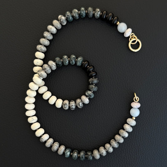 Drift Stone : black onyx, howlite, chalcedony, and jasper - Natural Gemstone Beaded Necklace