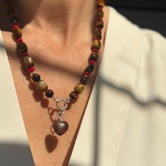 tigers eye and red coral beaded gemstone necklace