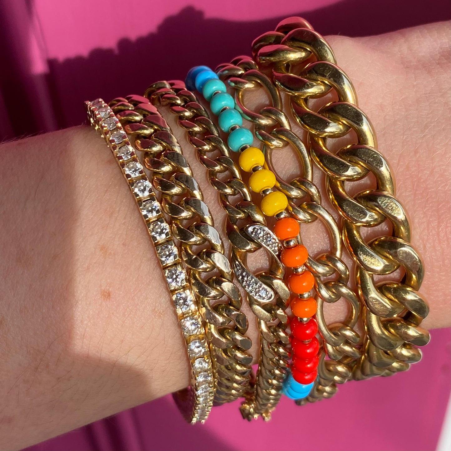 A bold and joyful accessory, the Rainbow HAPPY Bracelet combines a spectrum of colors with durable, tarnish-resistant 14K gold-filled beads.